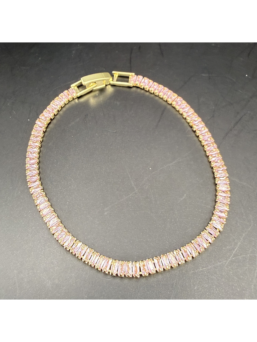 candy+clover pink baguette micro crystal gold tone tennis bracelet